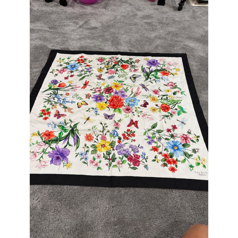 Talbots Silk Scarf NWT Floral Butterfly Dragonfly Botanical Print Black Border